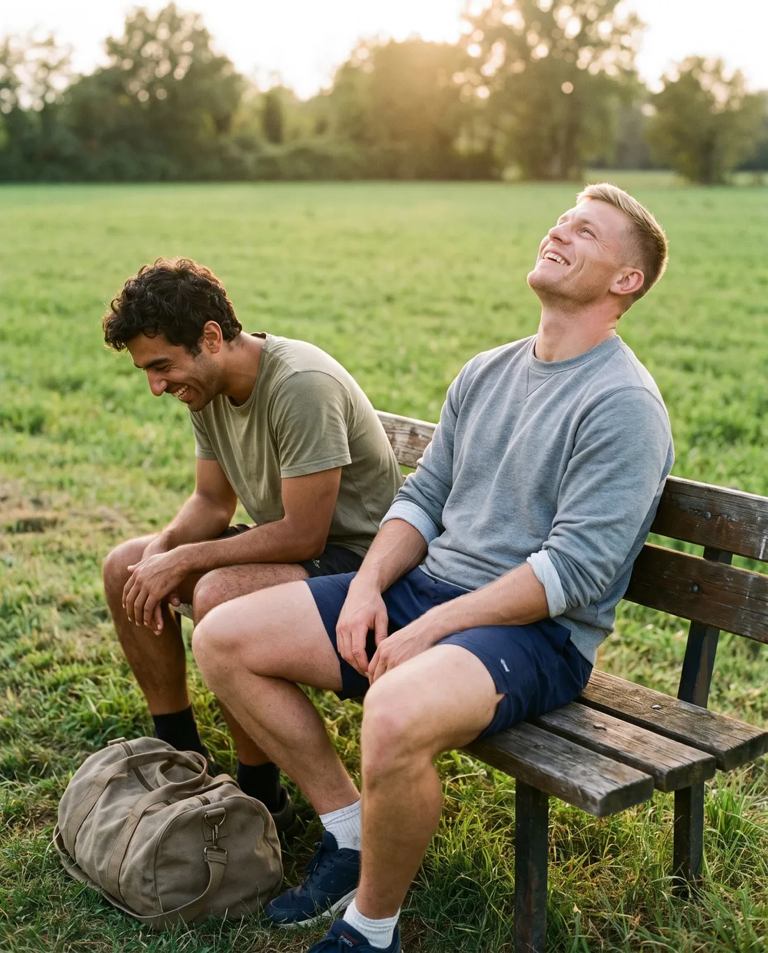 Two friends laughing on a bench